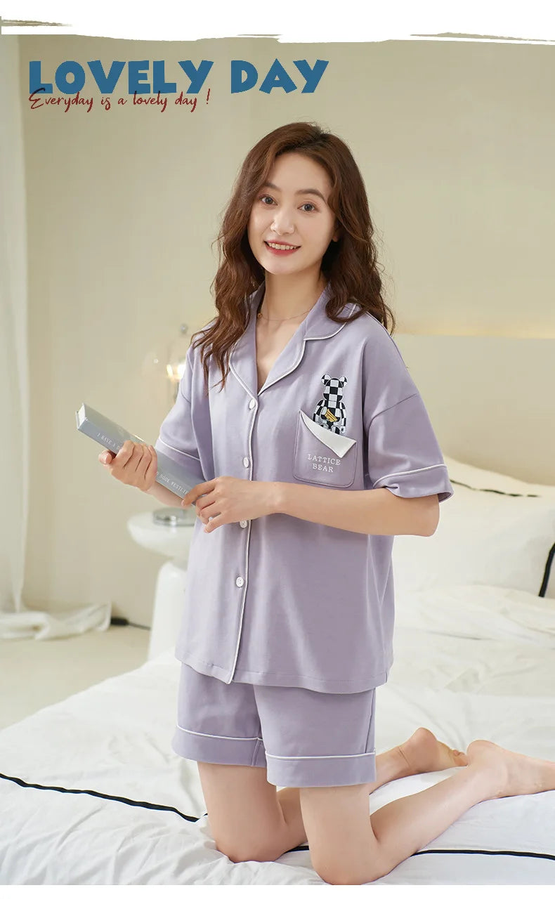 Dropshipping Female Pijamas Cartoon Summer Short Women Pajamas Sleeve Shorts Nightwear Sweet Sleepwear Pyjamas Woman Home Suit