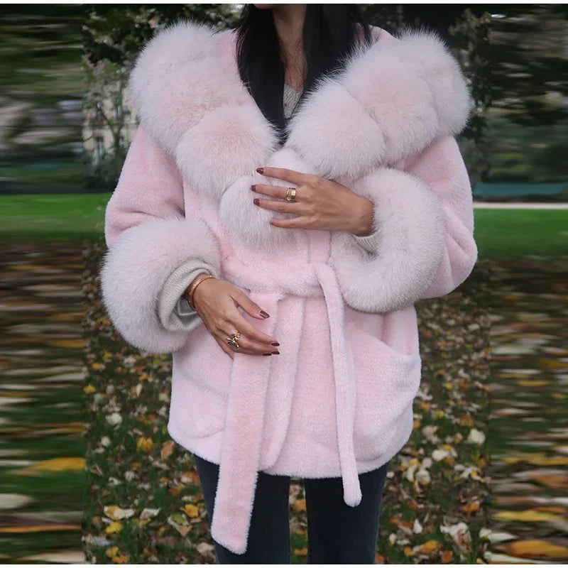 Elegant Hoody Faux Fur Women's Coat Loose Long Sleeve Pocket Warm Thicken Lady Coats 2025 Autumn Winter Chic Lady Streetwear