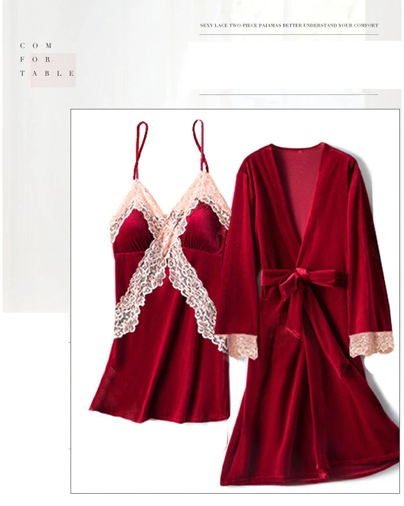 Pajama Set Woman Thick Flannel Velvet Female Fall Sexy Lace Long-sleeved Suit With Corset Pads Sling Nightgown Robe Homewear