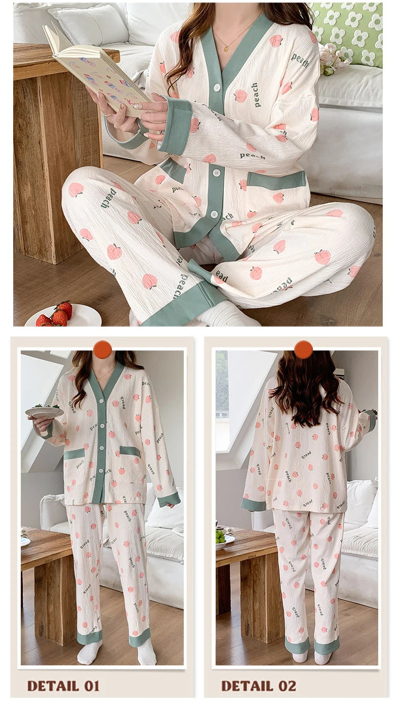 Sexy Pajamas Women's Long-sleeved Cotton Sleepwear Night Gown Home Clothes Pajamas Lounge Wear Loose Suit Home Service