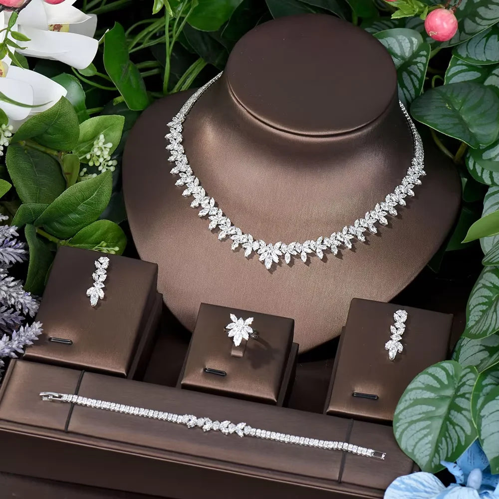 Fashion Cubic Zircon Leaf Pendant Necklace and Earrings Set 4PCS Bridal Wedding Jewelry Set for Women Gifts Bijoux  S-353