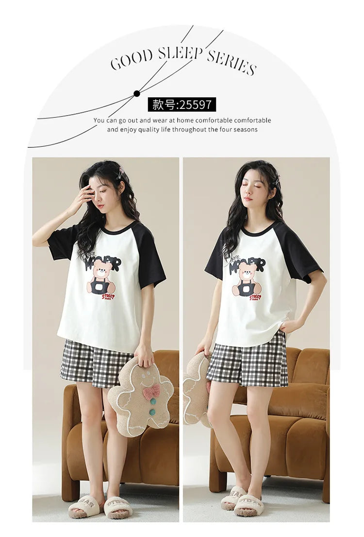 Female Summer Pijamas Short Women Cotton Pajamas Sleeve Shorts Nightwear Sweet Sleepwear Cartoon Pyjamas Woman Home Suit