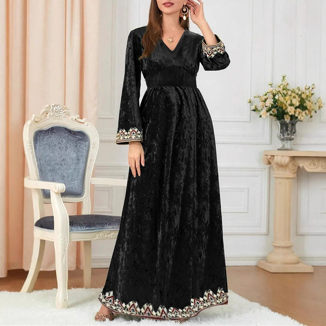 SuperAen Fashion Autumn and Winter New Dress Velvet Fashionable Elegant V-neck Pullover Long A-line Dresses