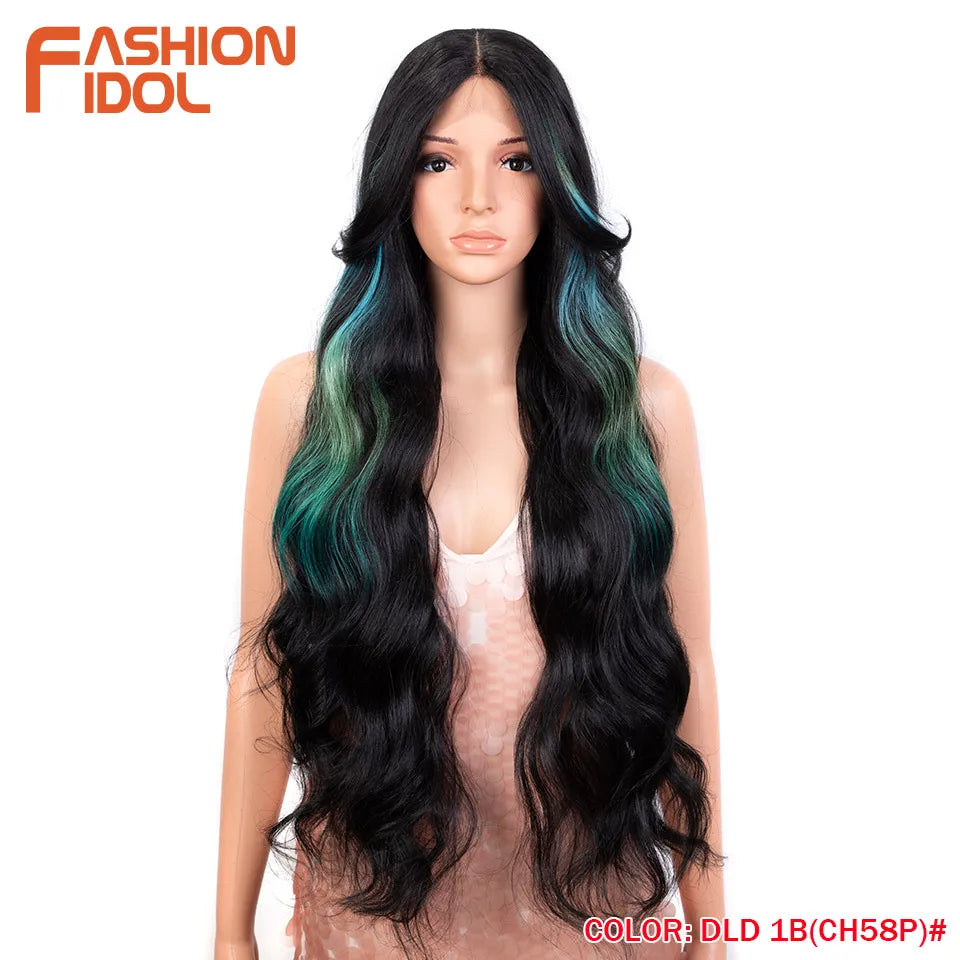 FASHION IDOL 34 Inch Lace Front Wigs Synthetic Ombre Blonde Brown Colorful Wigs For Women Heat Resistant Fiber Cosplay Wigs