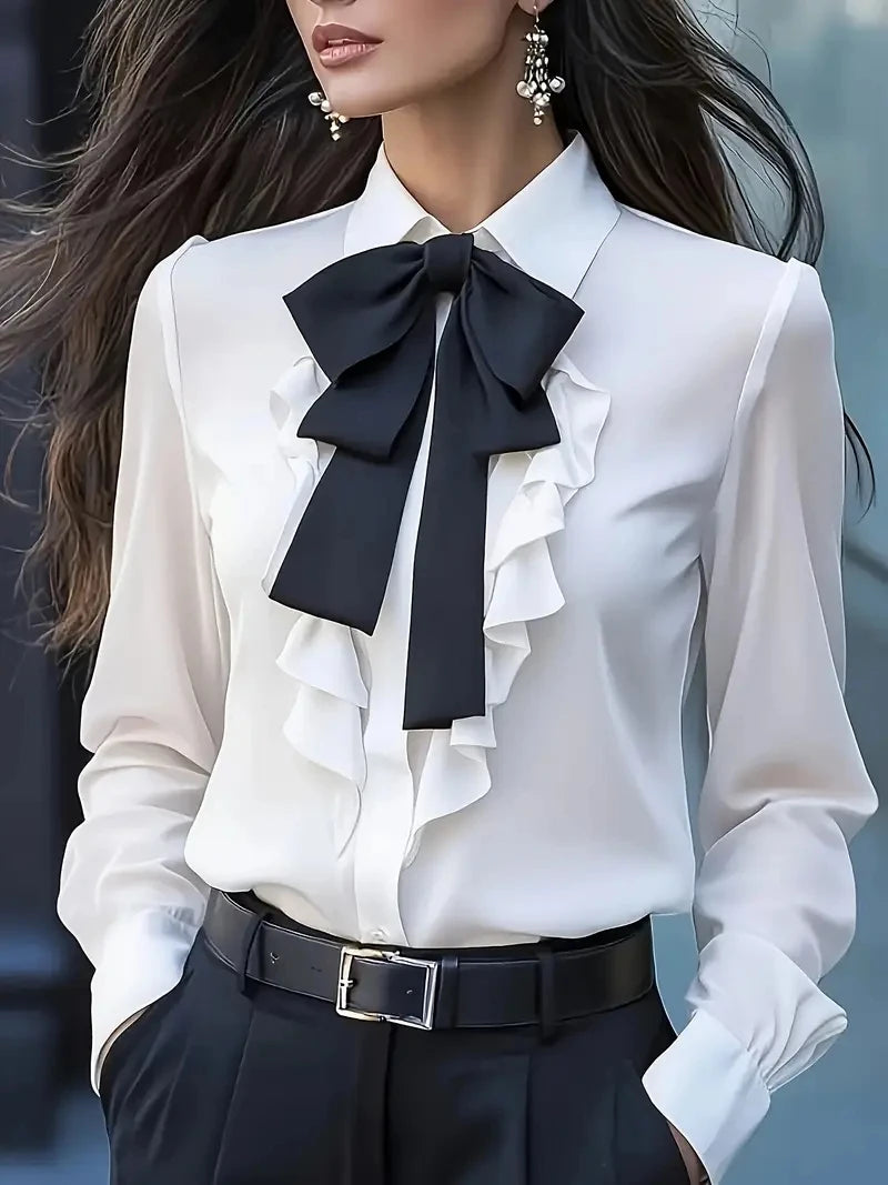 Women's Formal Shirt Collar Bow Tie Ruffles Long Sleeve Blouse