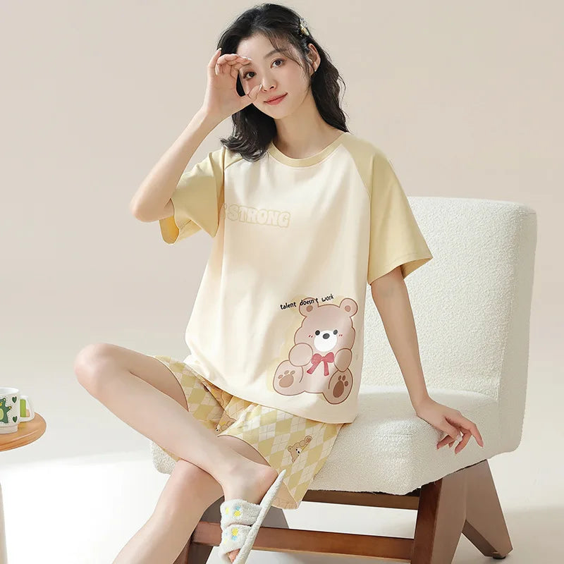 Dropshipping Female Pijamas Cartoon Summer Short Women Pajamas Sleeve Shorts Nightwear Sweet Sleepwear Pyjamas Woman Home Suit