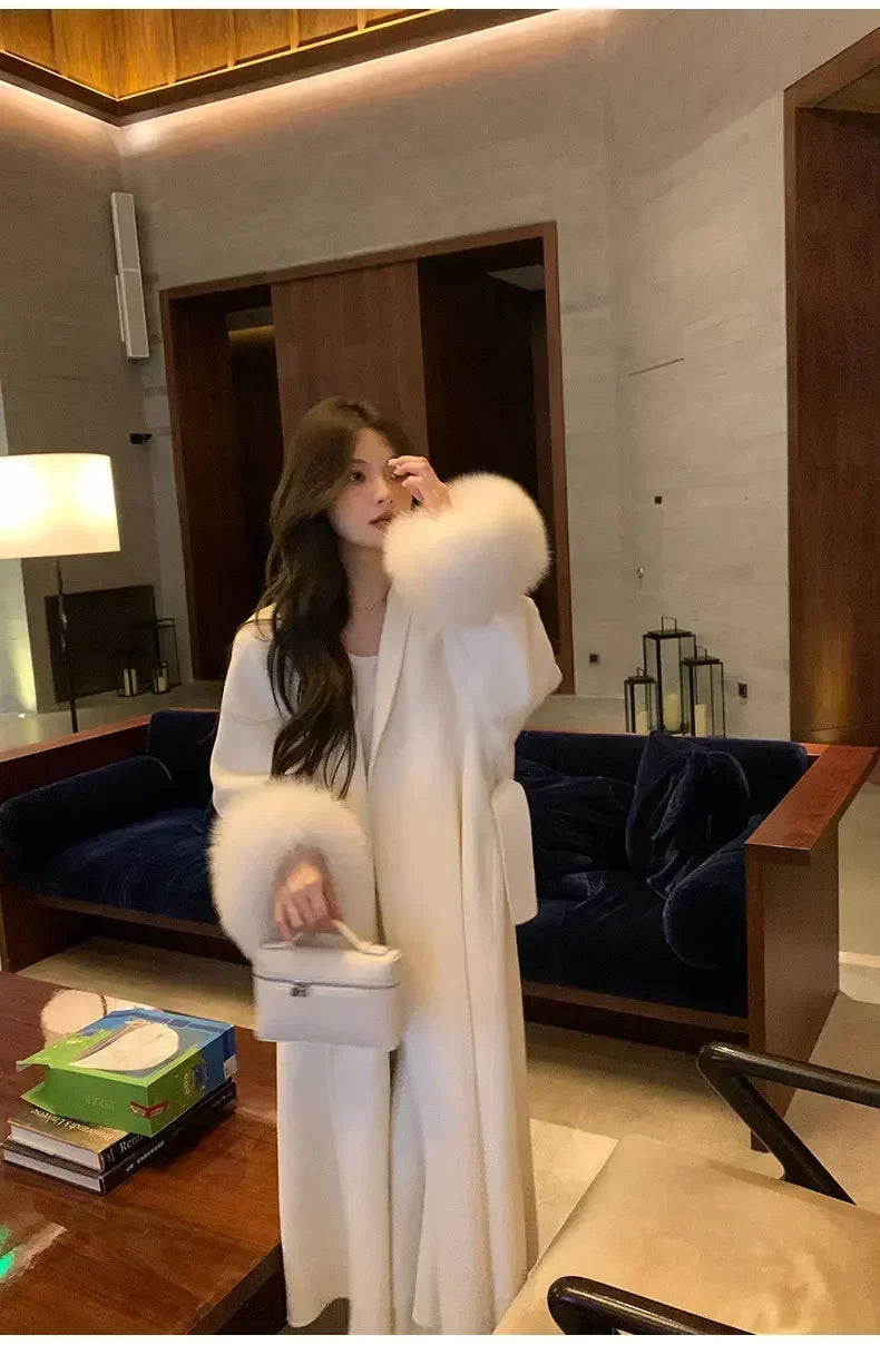 Elegant Warm Woolen Coats Real Fur Jacket with Belt Loose Fashion Outerwears 2024 Women Big Fur Collar Overcoats Female