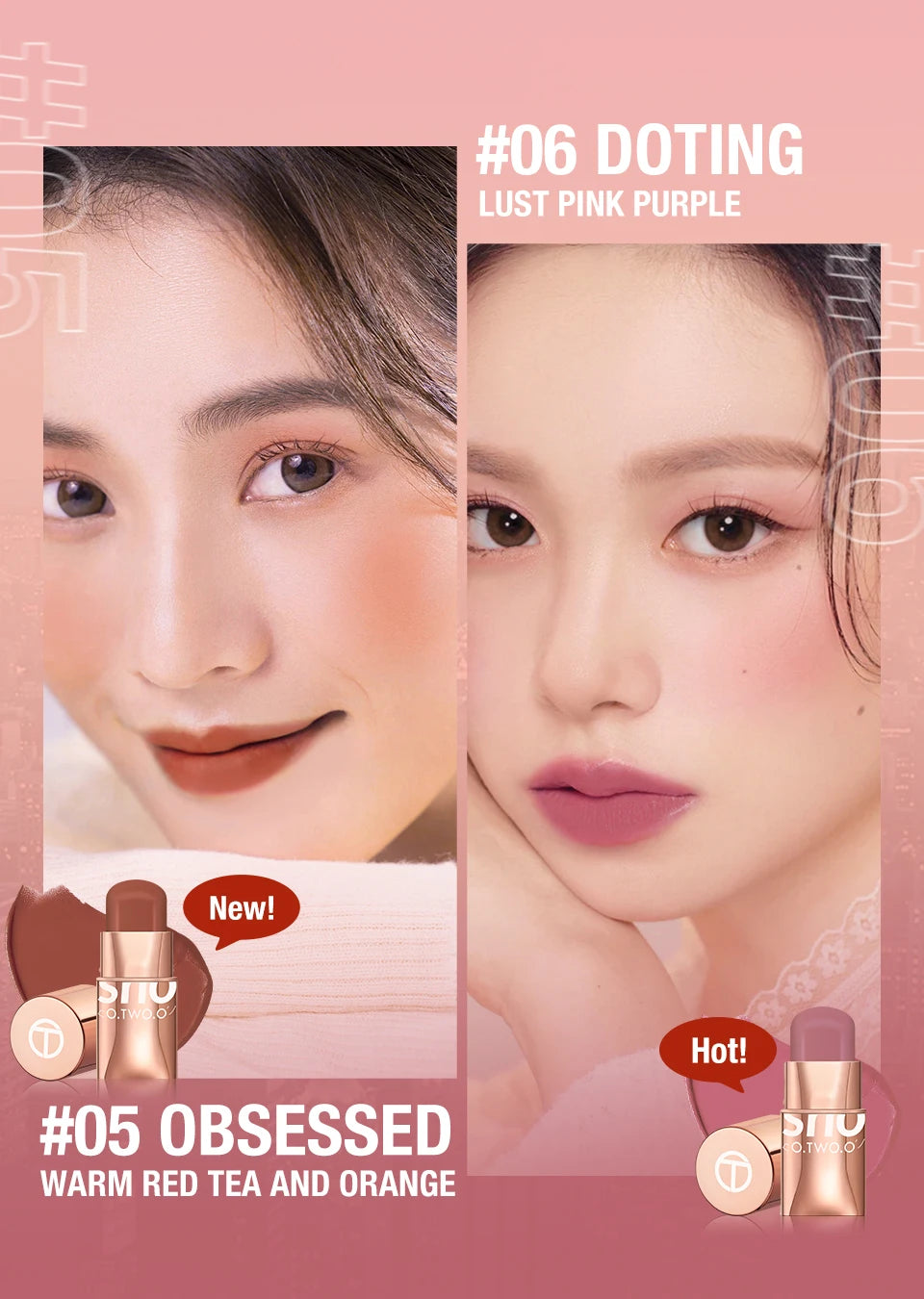 O.TWO.O Blush Makeup Stick High Pigmented Blusher Cream Sticks Waterproof Long-lasting Lip Cheek Eyess Cosmetics for Women