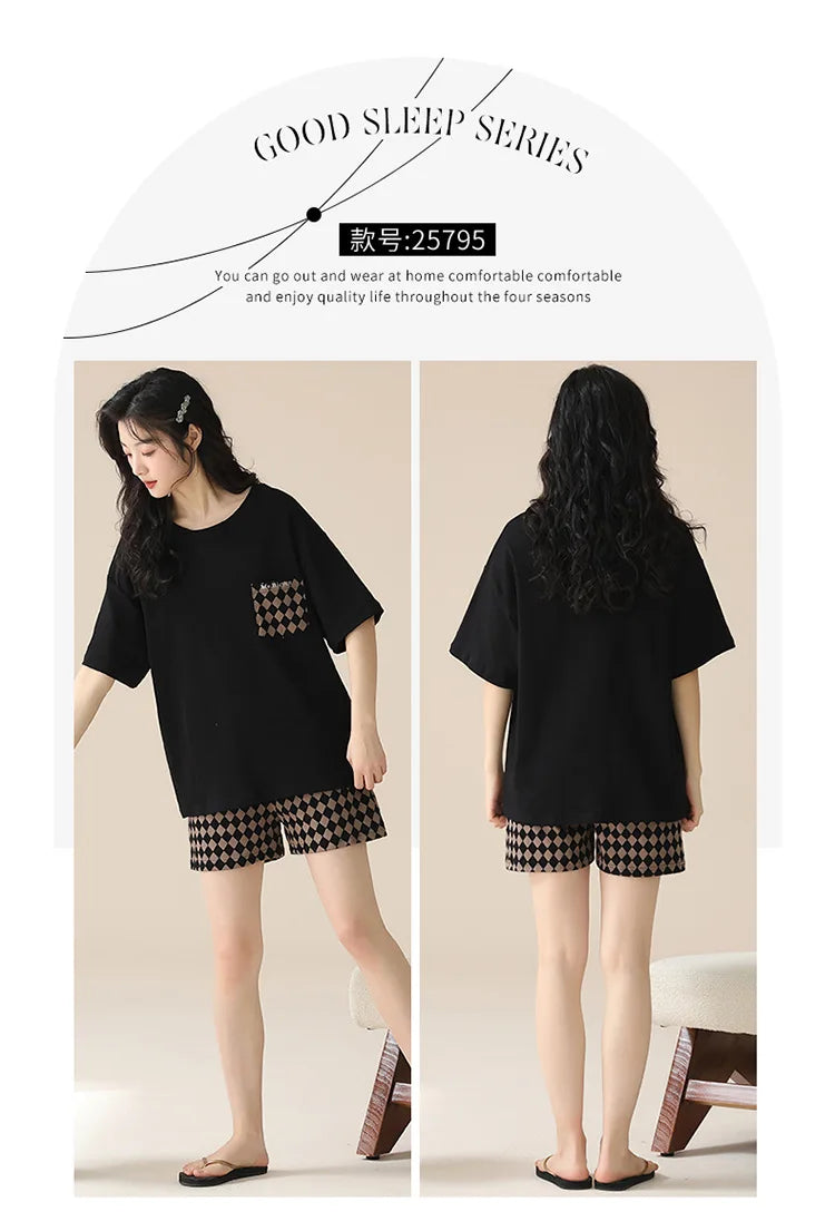 Female Summer Pijamas Short Women Cotton Pajamas Sleeve Shorts Nightwear Sweet Sleepwear Cartoon Pyjamas Woman Home Suit