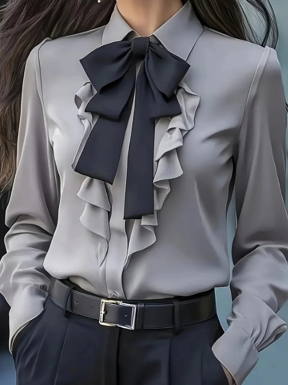 Women's Formal Shirt Collar Bow Tie Ruffles Long Sleeve Blouse