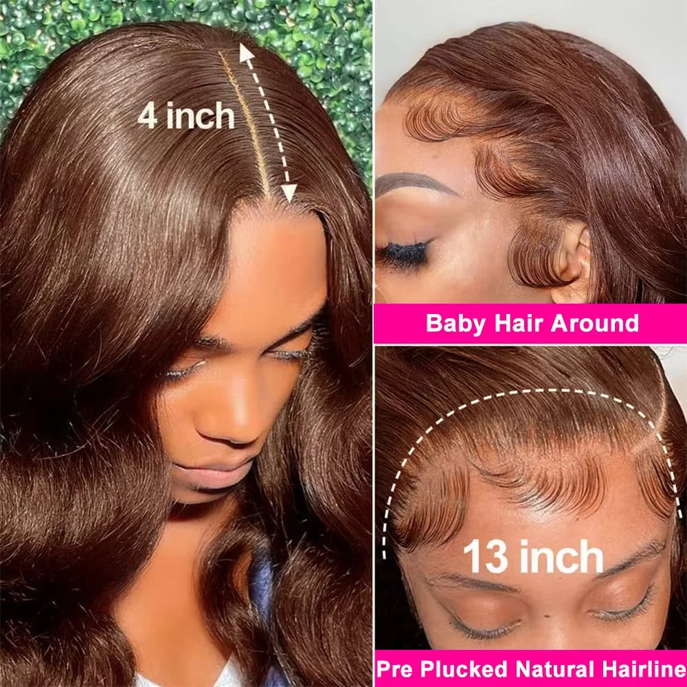 Body Wave Chocolate Brown 13x6 Lace Front Wigs Human Hair Pre Plucked Brazilian Brown Virgin Hair 13x4 HD Frontal Wig 230density