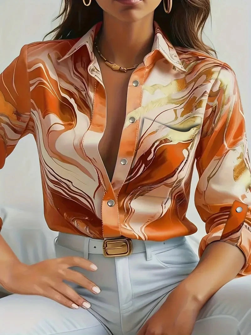 Women Print V-Neck Button Long Sleeve Shirt Loose Casual Holiday Tops Blouse