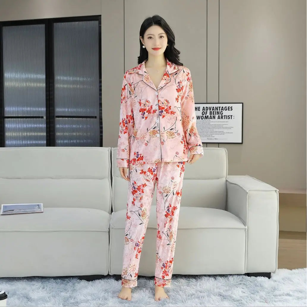 Elegant Women Pajamas 2-Piece Set long sleeved pants Print Velvet Pajamas Homewear Ladies Pajamas Women Sleepwear