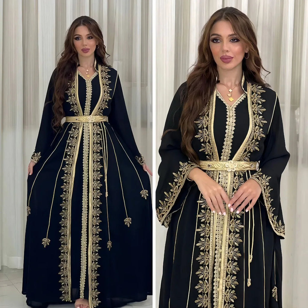 Dress Suit Women Eid Muslim Abaya Party Dresses 2 Piece Sets Embroidery Sashes Ramadan Dubai Kaftan Vestidos Jalabiya Long Robe