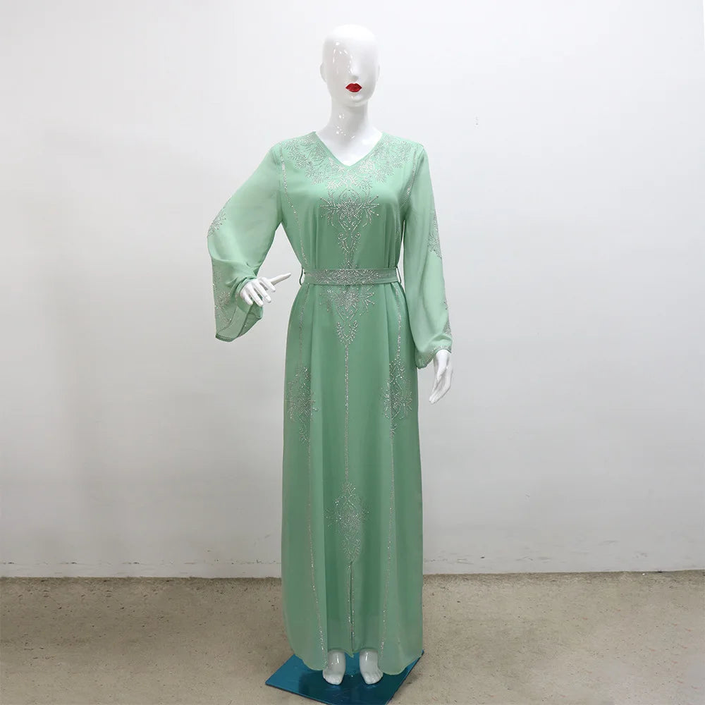 2026 Saudi Arabia Dubai Fashion Diamond Dress Women Muslim Dresses Abaya Chiffon Robe Middle Eastern Women's Clothing Maxi Dress