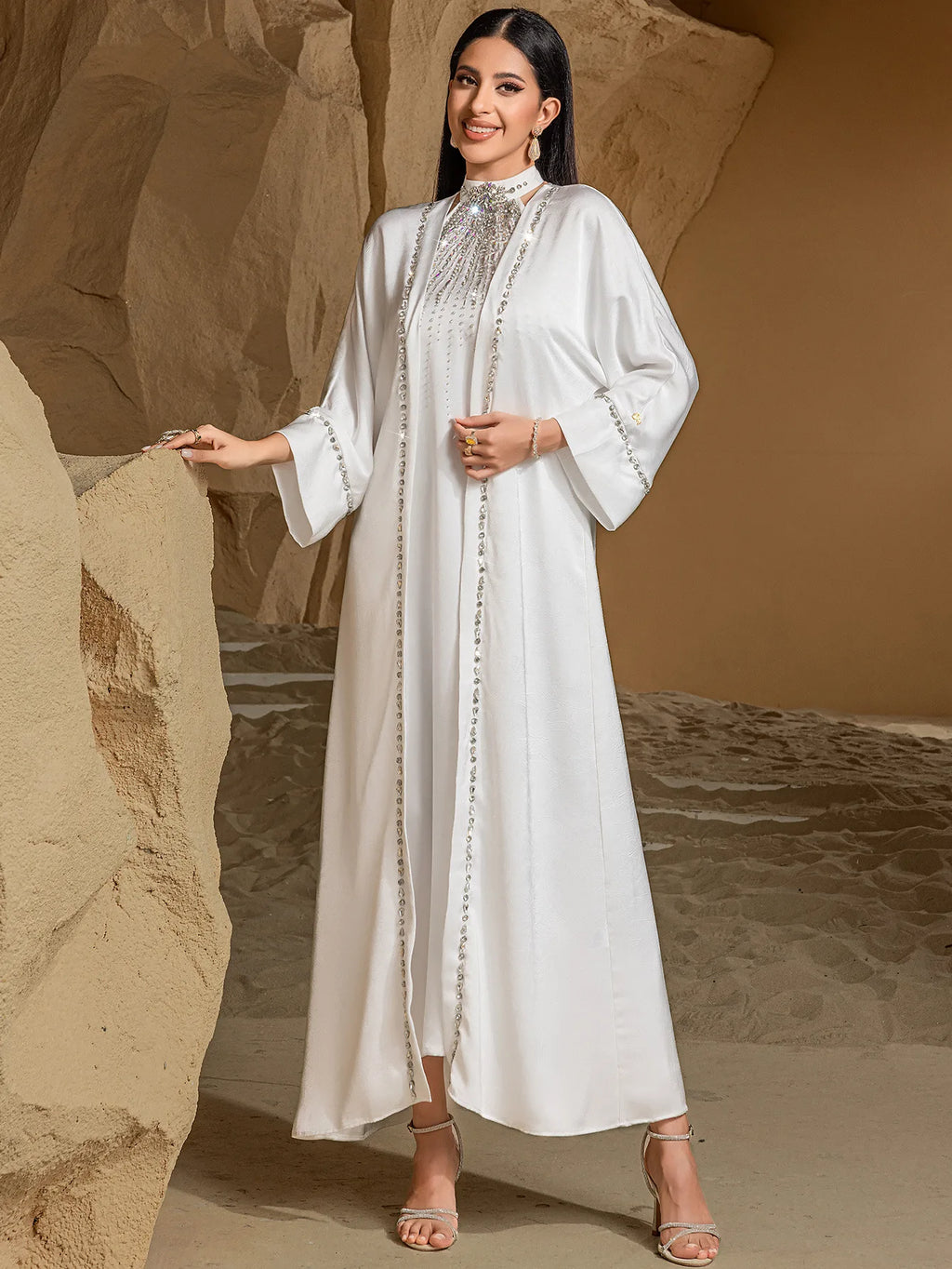 Ramadan White Dubai Satin Evening 2 Piece Set Abaya Muslim Prayer Clothes African Dresses For Women Robe Femme Musulmane Kaftan