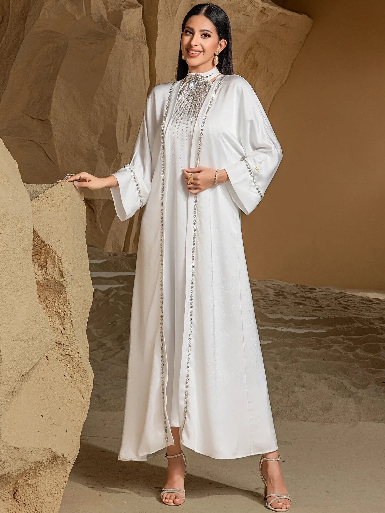 Ramadan White Dubai Satin Evening 2 Piece Set Abaya Muslim Prayer Clothes African Dresses For Women Robe Femme Musulmane Kaftan
