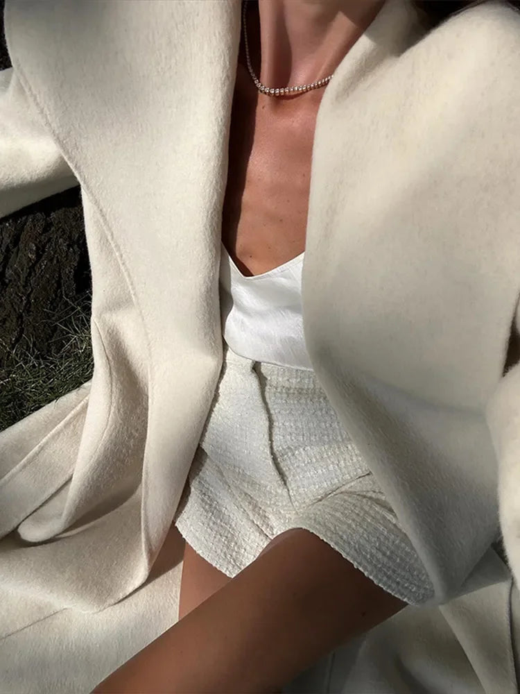Solid Large Lapel Belted Long Woolen Women Coat Elegant Full Sleeve Lace Up Overcoat  2025 Autumn Winter Wrap Style Outerwear