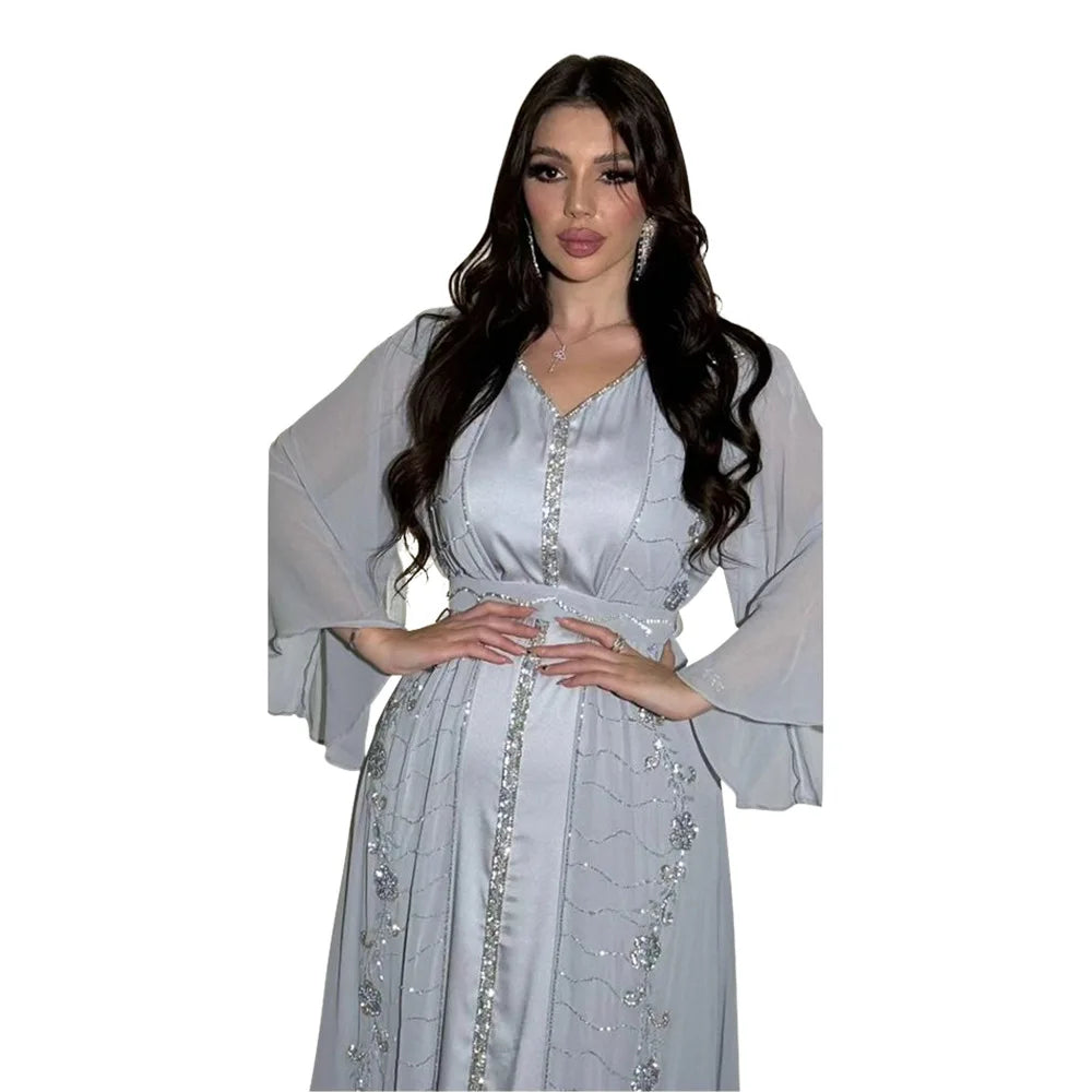 Muslim Middle East Diamonds Jalabiya Women 2 Pieces Dress Set Dubai Turkey Kaftan Abaya Marocain Robe Arabic Djellaba Eid Gown