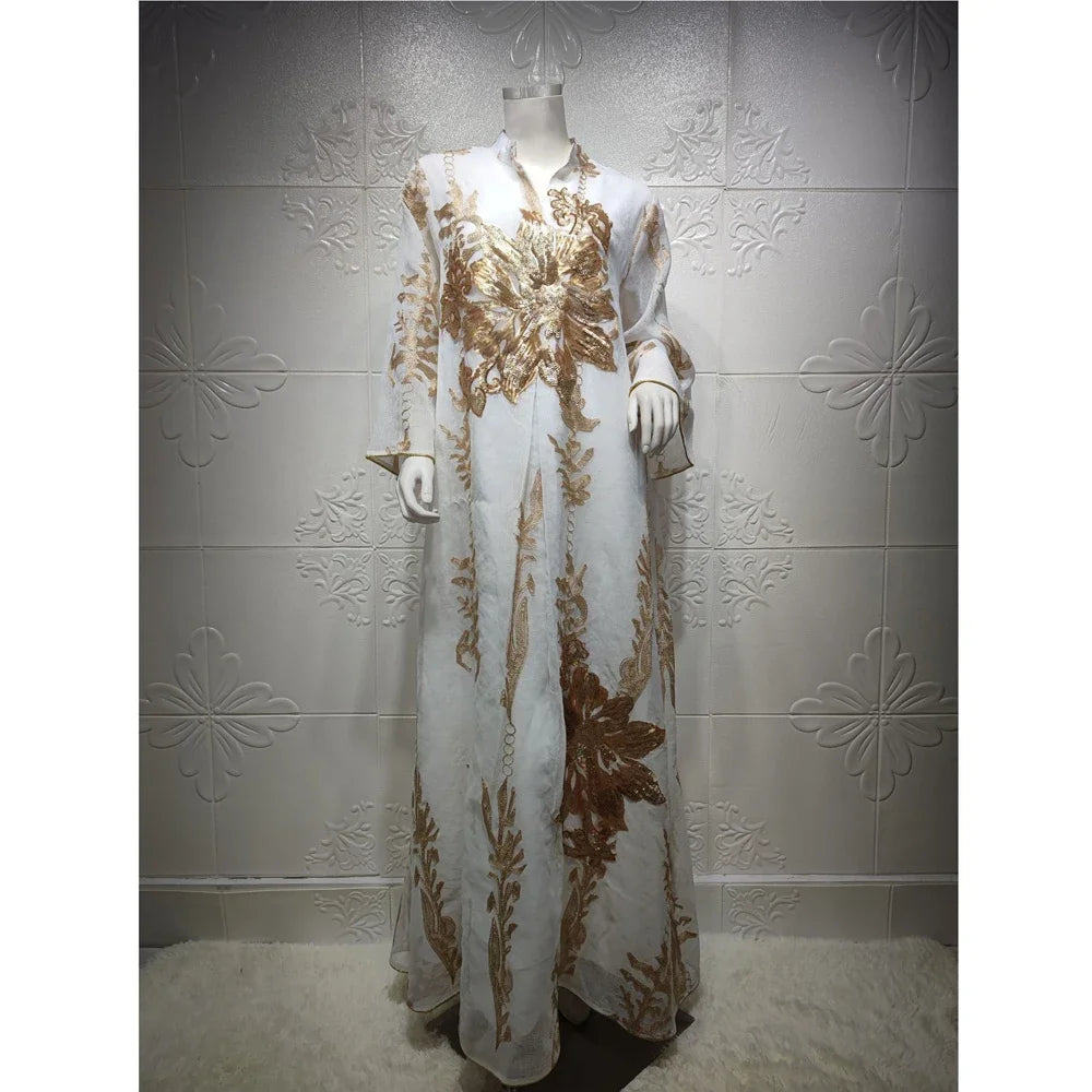 Muslim Abaya Dress Dubai Ramadan Sequins Floral Embroidered Moroccan Caftan Women Evening Gown Eid Djellaba Jalabiya Vestidos