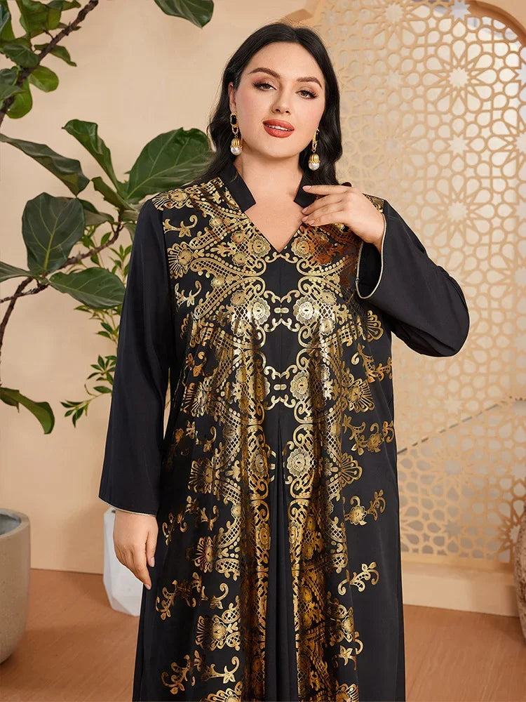 Muslim Arab Female Loose Casual Retro Ethnic Printing Black V-Neck Full Sleeve Clothing Abaya Women Dubai Long Dress Plus Size