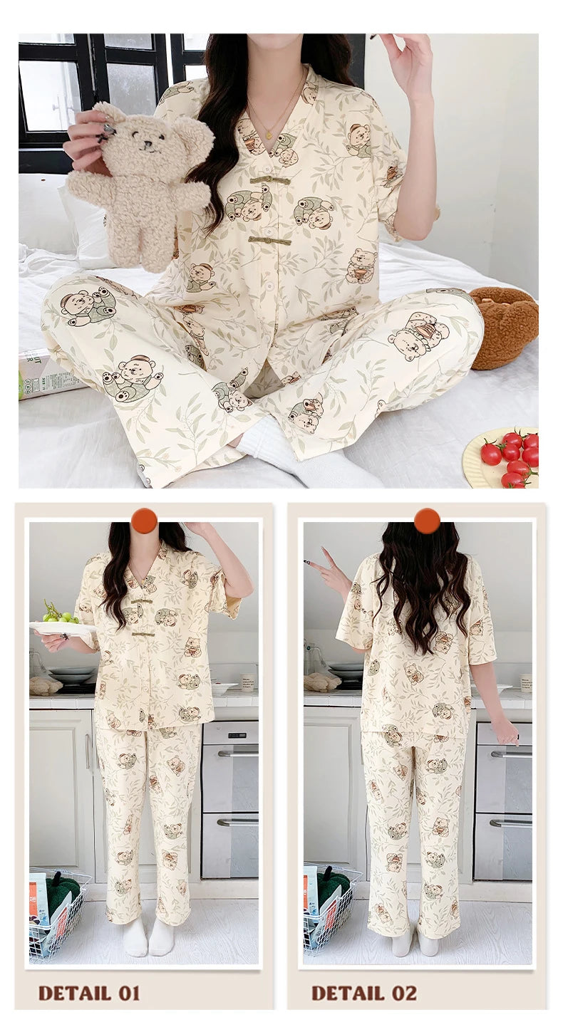 Summer Thin Short-sleeved Cotton Women's Pajama Set Nightwear Long Pants Womens Pajama Sets Sleepwear Lounge Home Fashion
