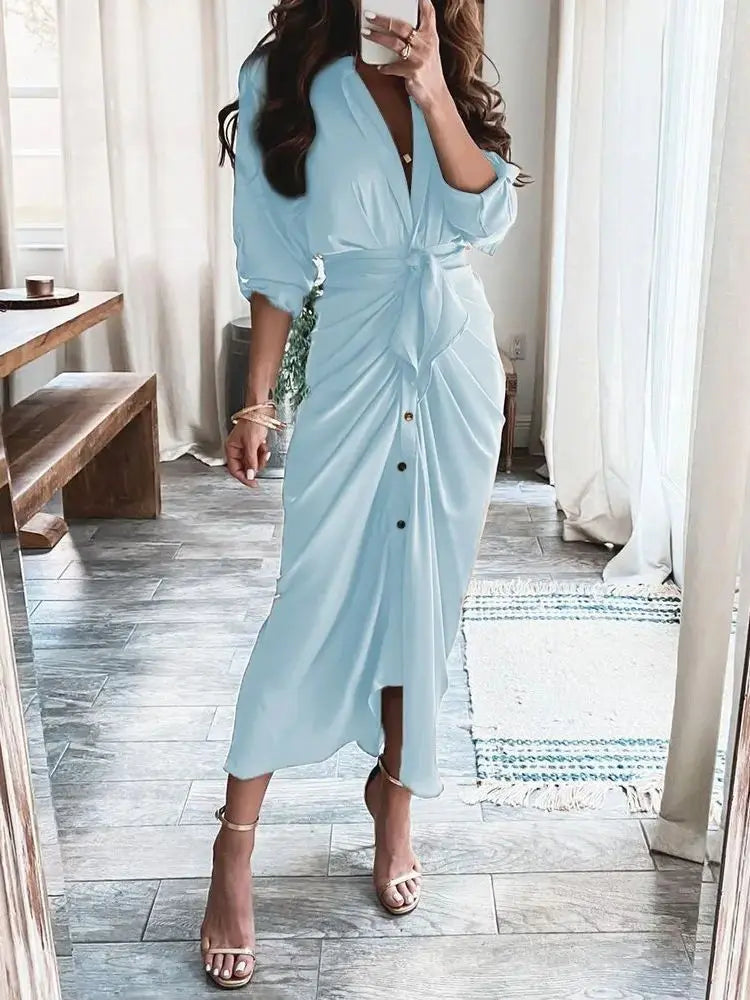 Summer Bandage Shirt Women Fashion Button Ruched Dress Casual Short Sleeve Printed Dress Female Elegant Party Dress Robe