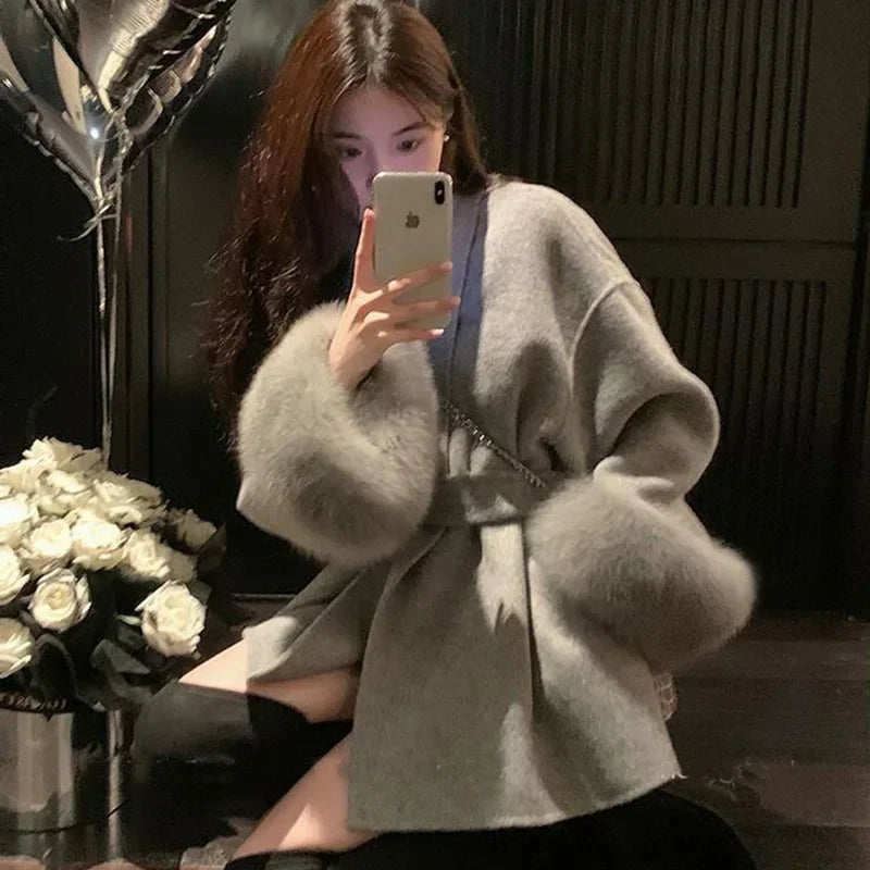 Tossy Fox Fur Wool Overcoat Women's Short Coat Office Lady Elegant Double-sided Woolen Coat 2025 New Cardigan Jackets Loose Wool