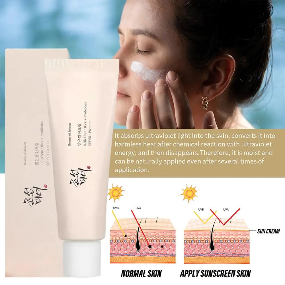 واقي شمس بالأرز والبروبيوتيك SPF50+ – حماية وترطيب يومي ☀️✨