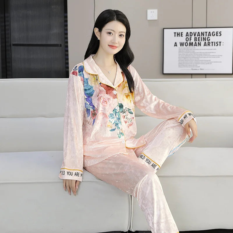 Women Pajama Sets Velvet Pajamas Women's Fall Long-sleeved Set of Women's Senior Fashion Cardigan Models Plus Size Homewear