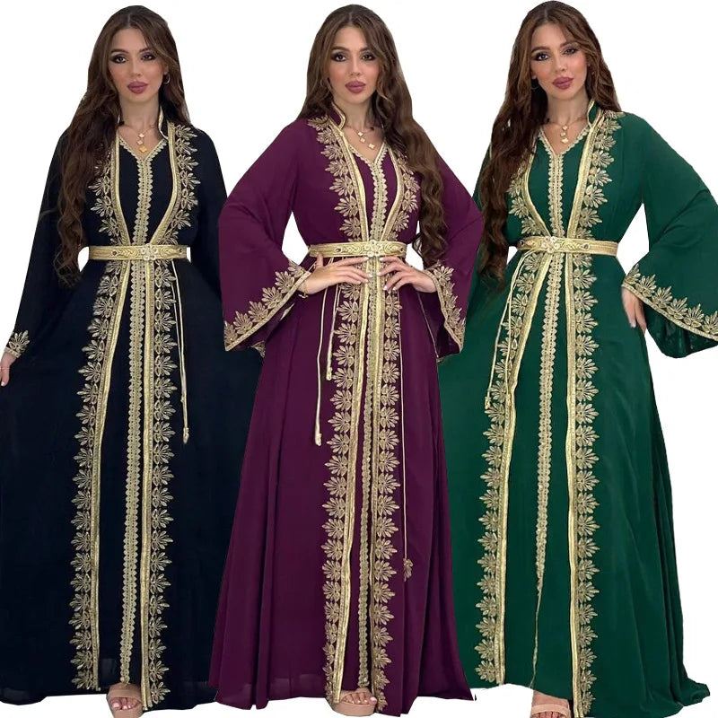 Dress Suit Women Eid Muslim Abaya Party Dresses 2 Piece Sets Embroidery Sashes Ramadan Dubai Kaftan Vestidos Jalabiya Long Robe