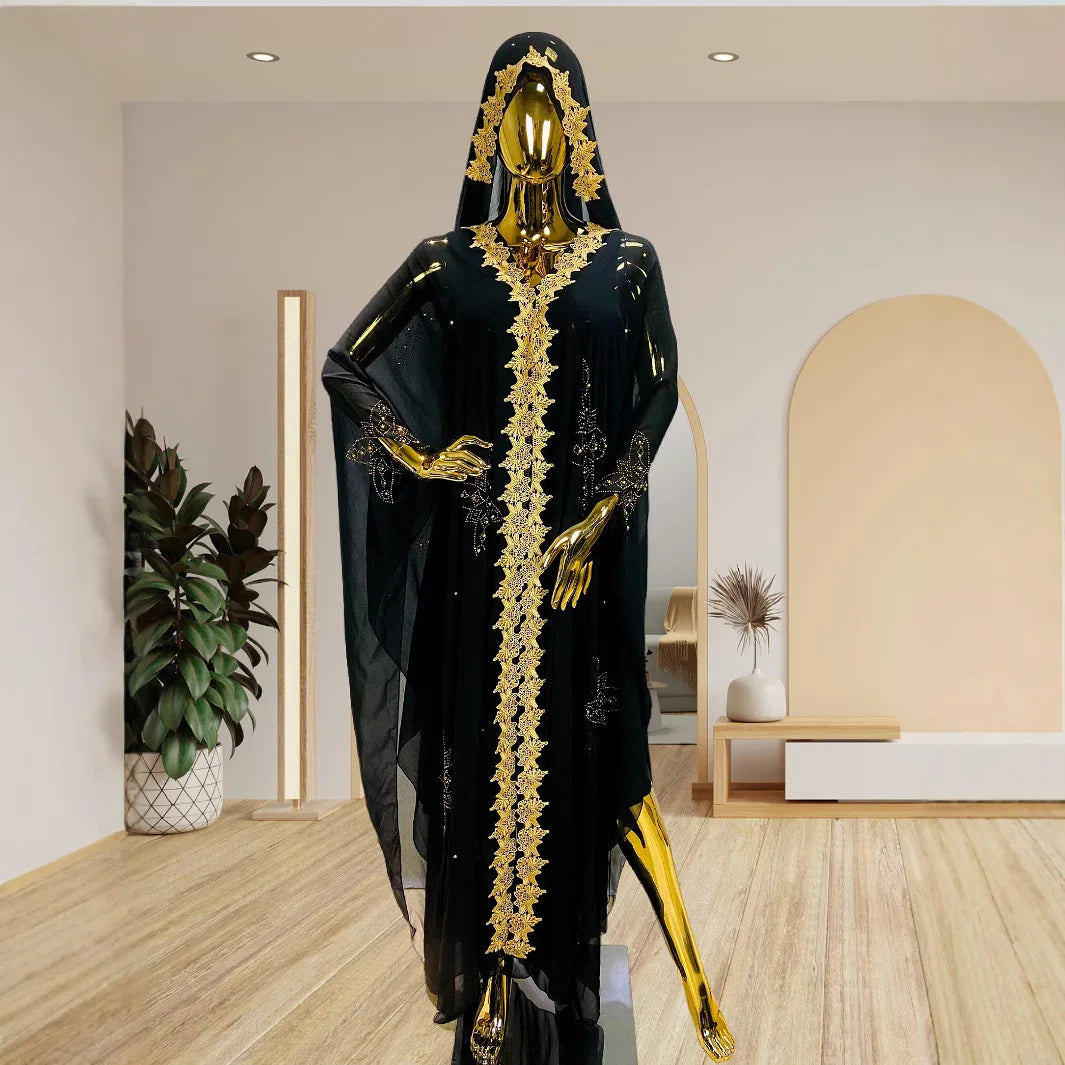 Abaya New Fashion American European Women's Black Blue Loose Hooded Long Sleeve Ankle Length Embroideried Diamond Studded Dress