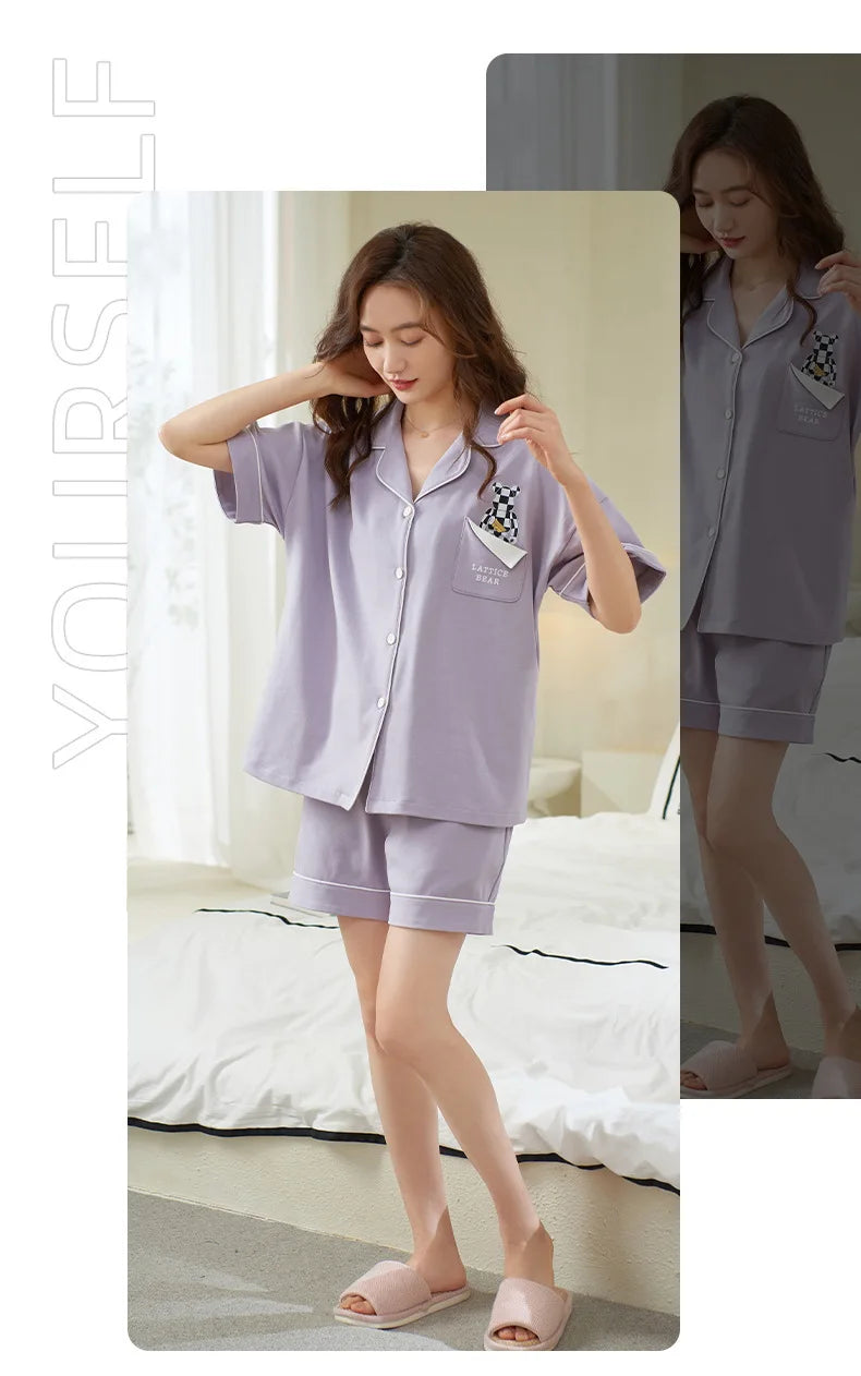 Dropshipping Female Pijamas Cartoon Summer Short Women Pajamas Sleeve Shorts Nightwear Sweet Sleepwear Pyjamas Woman Home Suit
