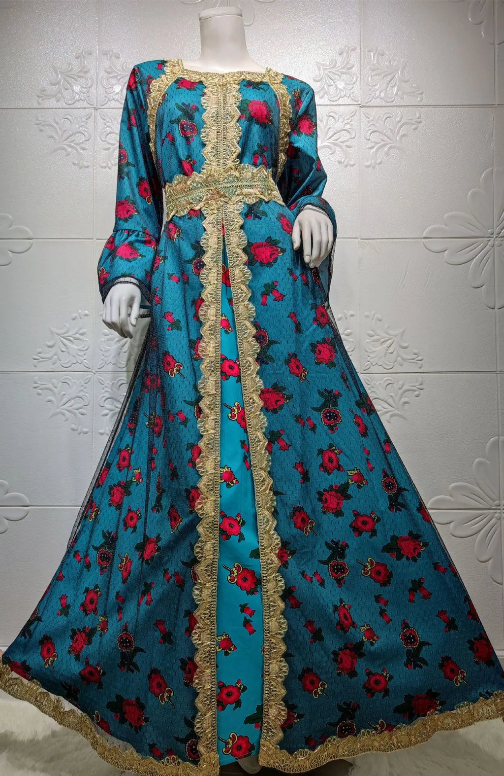 Luxury Middle East Abayas for Women Dubai Dress Lace Applique Mesh Printing Long Sleeves Elegant Evening Party Muslim Clothes