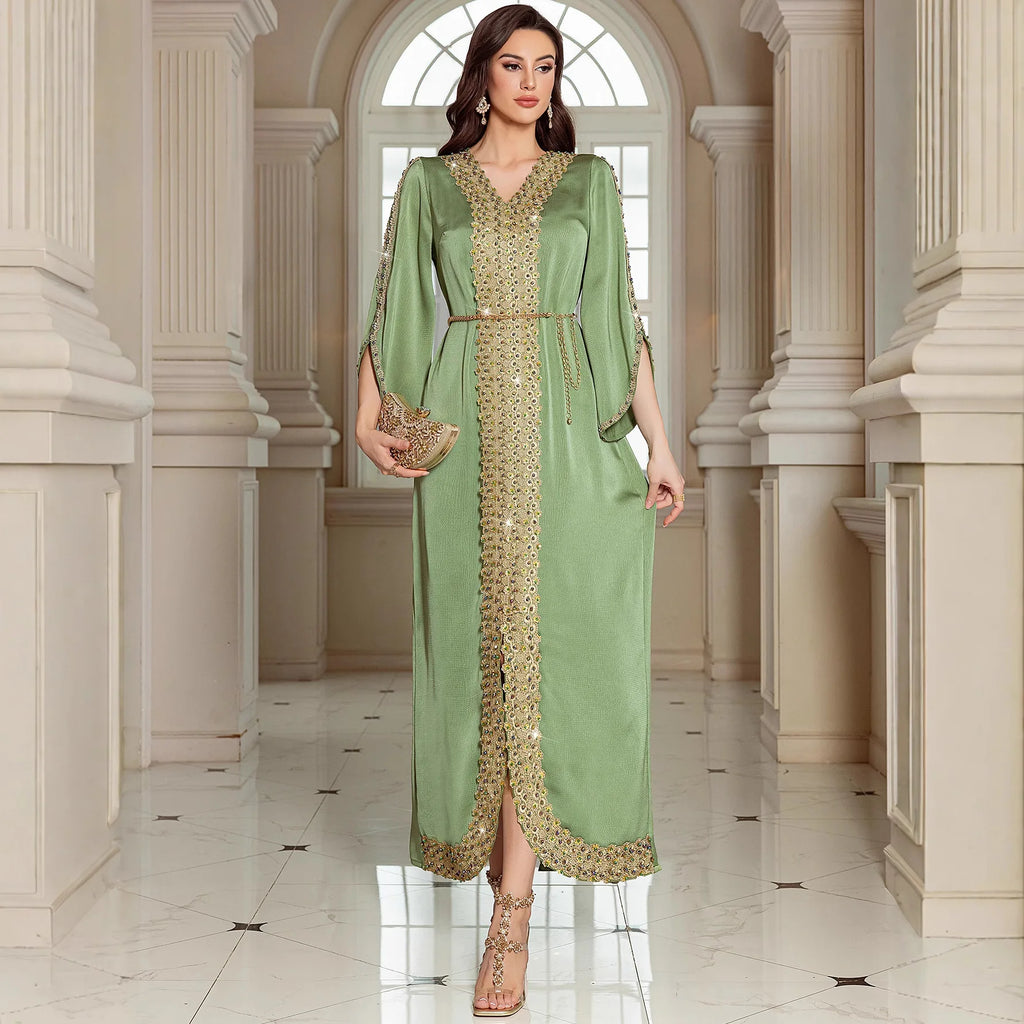 Abaya Jalabiya 2025 Eid Dress Women Muslim Beading Diamond Party Dress Lace Long Dresses  Vestidos Largos Arab Long Robe Morocco