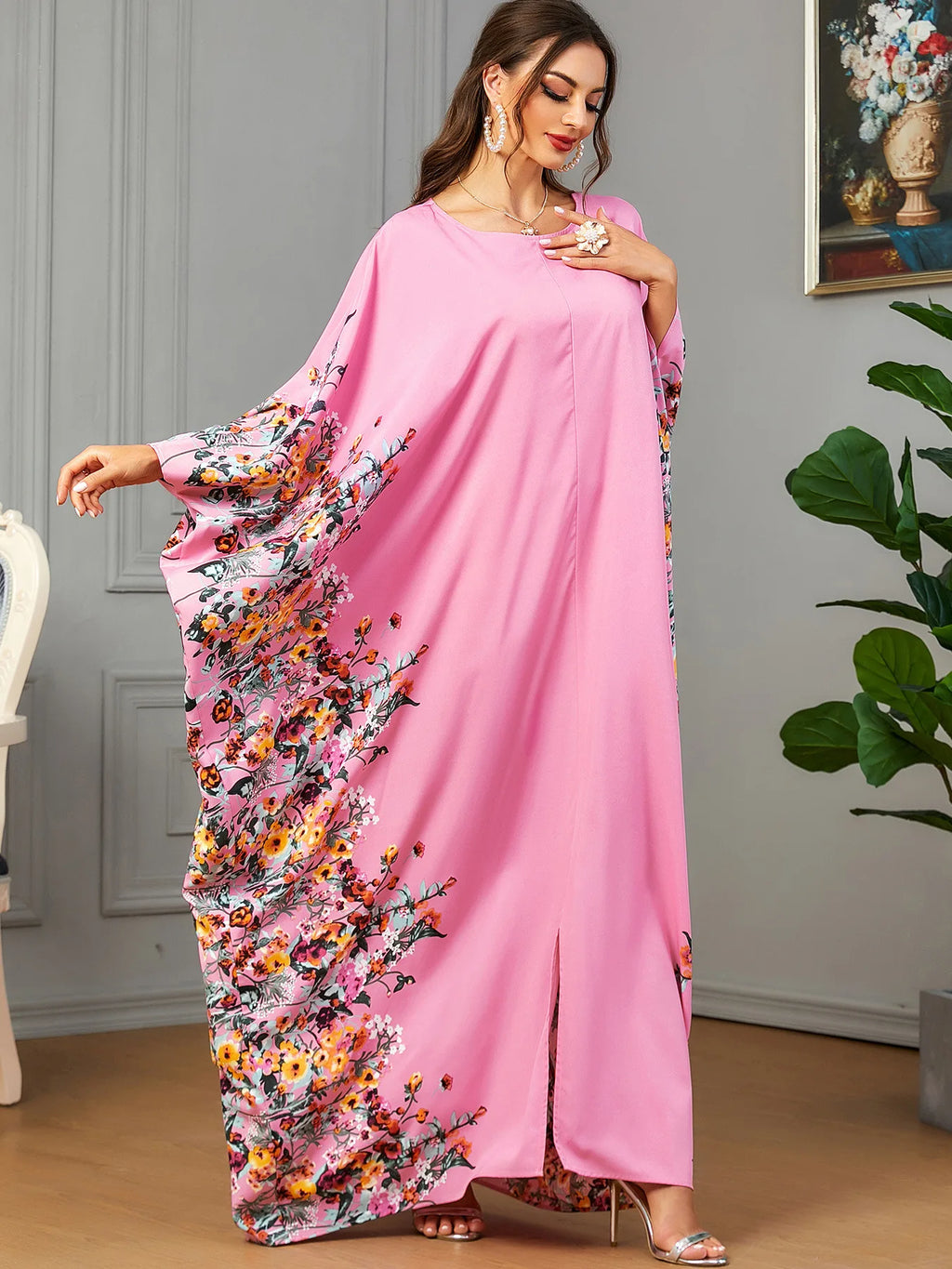 Eid Muslim Party Dress for Women Ramadan Abaya Bat Sleeve Print Long Robe Morocco Kaftan Vestidos Largos Dubai Jalabiya 2024