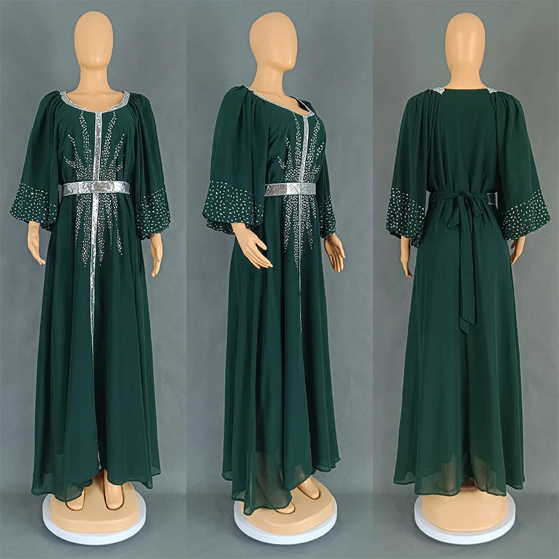 New 2025 Chiffon Diamonds Abayas for Women Luxury Dubai Abaya Turkey Kaftan Muslim Dress Djellaba Jalabiya Caftan Marocain Femme