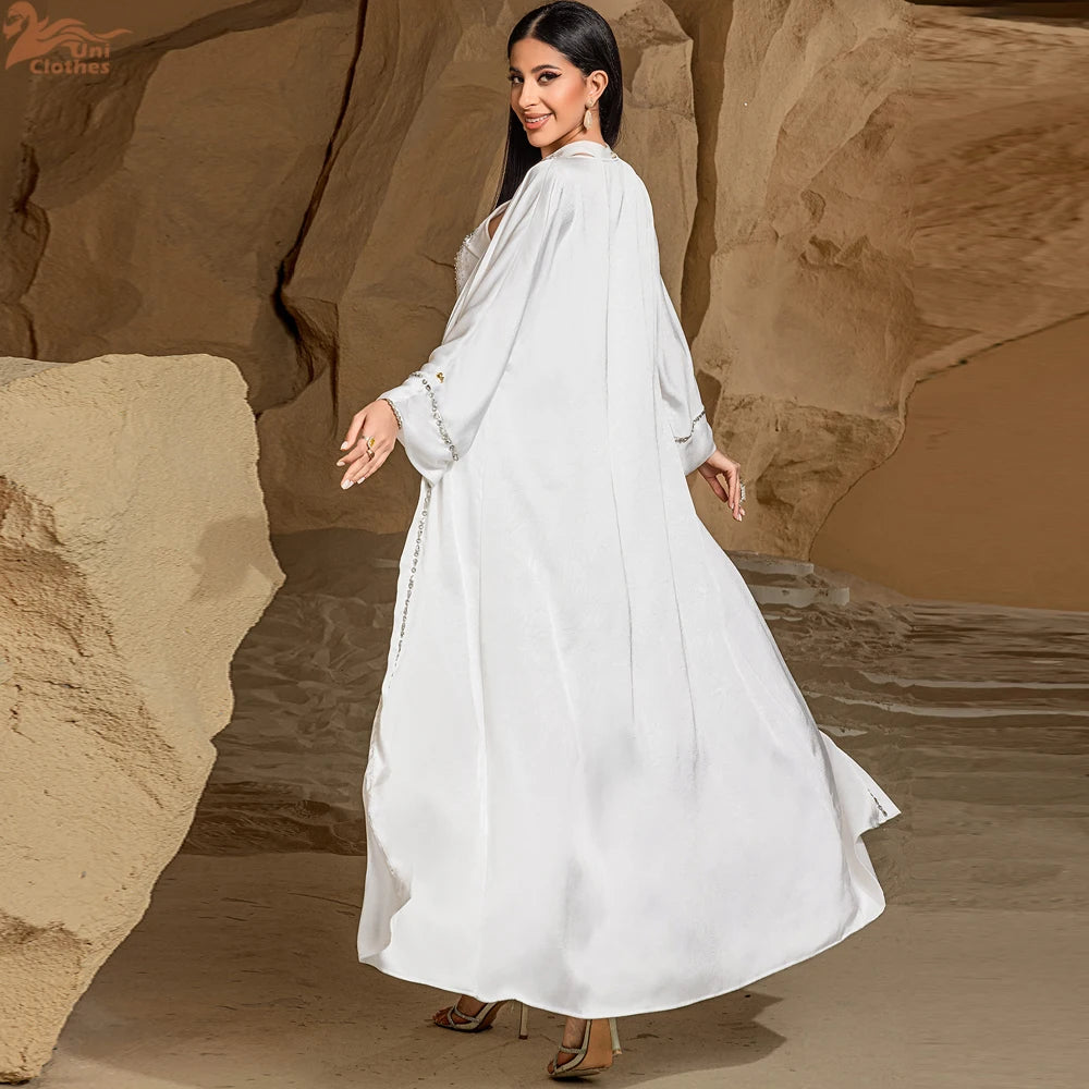 Ramadan White Dubai Satin Evening 2 Piece Set Abaya Muslim Prayer Clothes African Dresses For Women Robe Femme Musulmane Kaftan