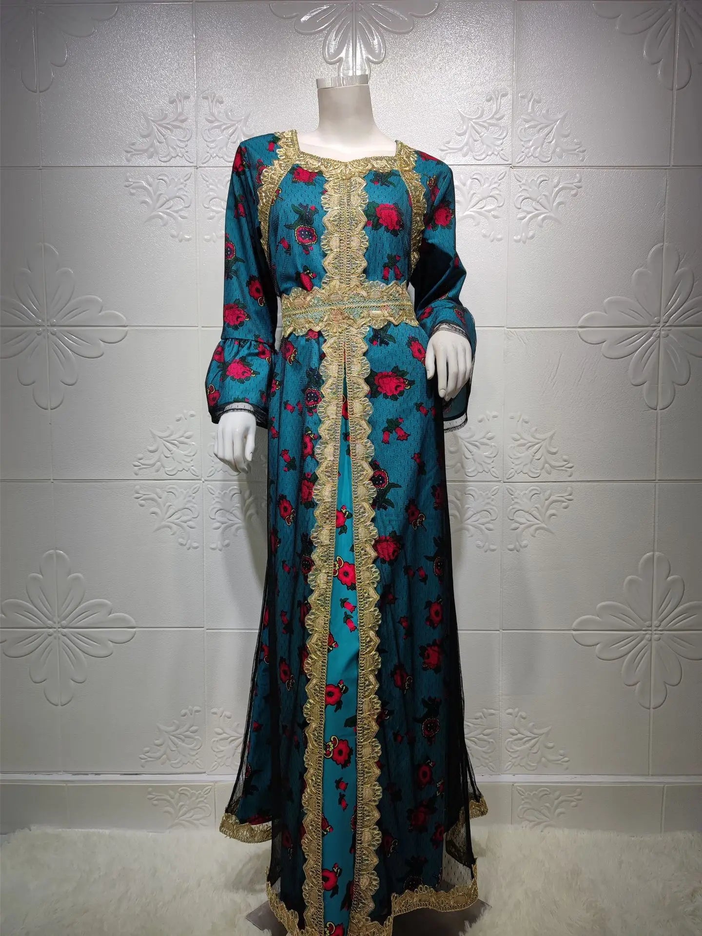 Luxury Middle East Abayas for Women Dubai Dress Lace Applique Mesh Printing Long Sleeves Elegant Evening Party Muslim Clothes