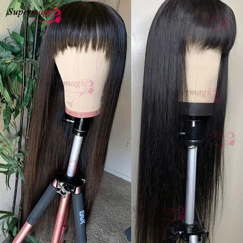 Raw Indian Bone Straight Human Hair With Bangs 4x4 Lace Middle Part Wigs For Black Women Brazilian 30 32 Inch Cheap Glueless Wig