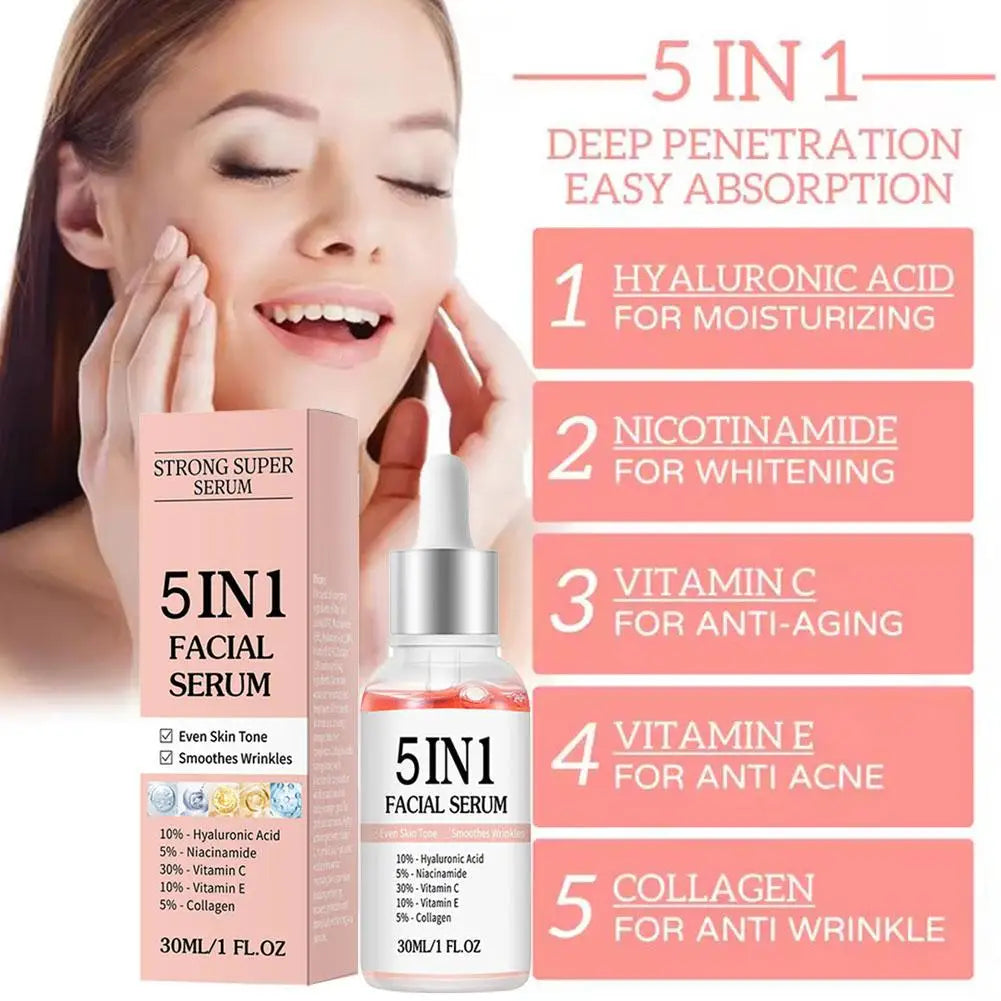 5-in-1 Face Serum Hyaluronic Acid, Niacinamide & Vitamin C Hydrating Brightening Serum for Women Skin Tone & Wrinkle Reduction