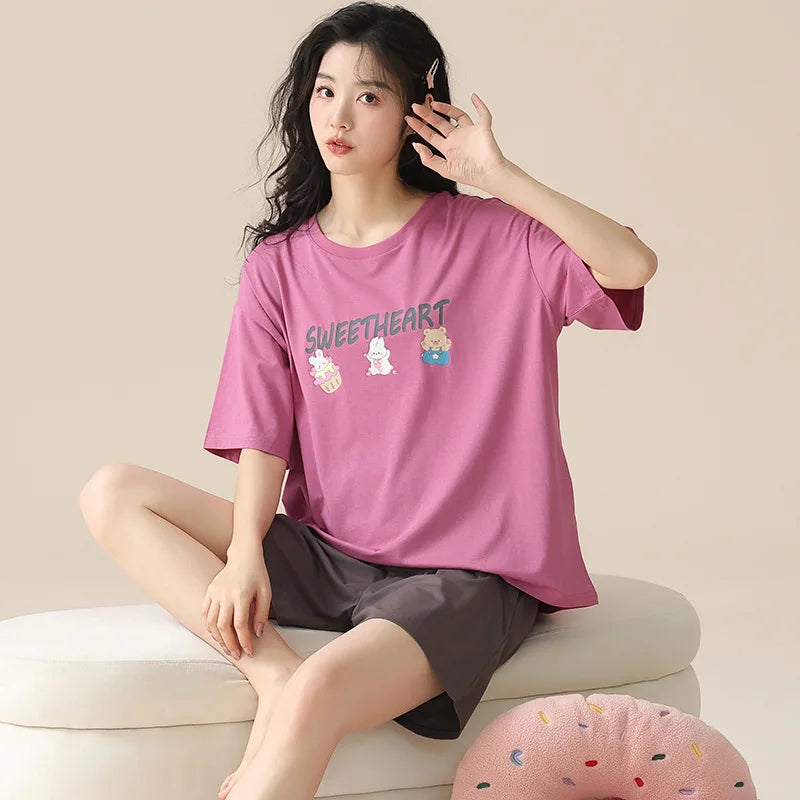 Female Summer Pijamas Short Women Cotton Pajamas Sleeve Shorts Nightwear Sweet Sleepwear Cartoon Pyjamas Woman Home Suit