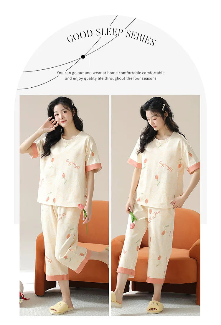 New Summer Pajamas Homewear Suit Women's Short-Sleeved Long Pants Ladies Large Size Loose Leisure Homewear Two-Piece Set