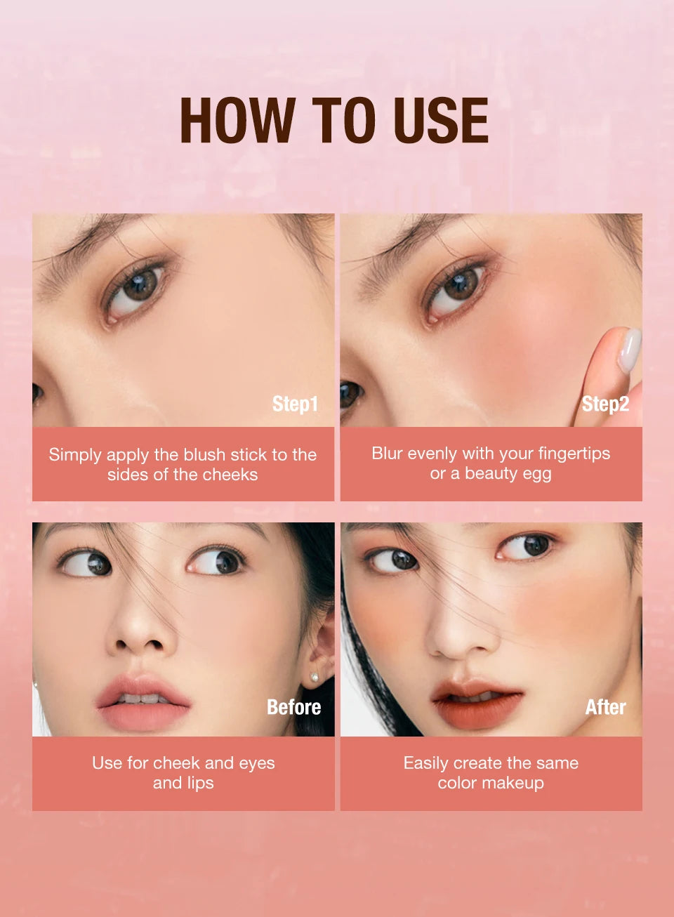 O.TWO.O Blush Makeup Stick High Pigmented Blusher Cream Sticks Waterproof Long-lasting Lip Cheek Eyess Cosmetics for Women