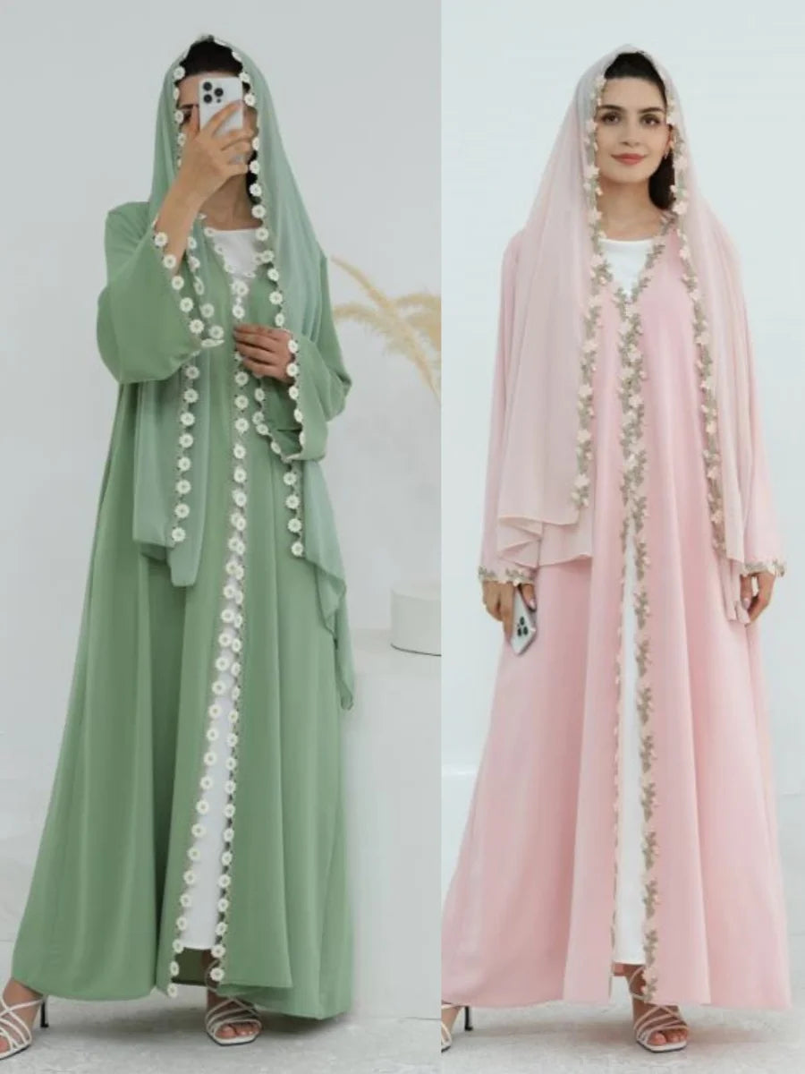 Muslim Women Türkiye Dubai Abaya Luxury embroidery Flower Kimono Cardigan Long Dress Modest Kaftan Robe Femme Islam Clothing