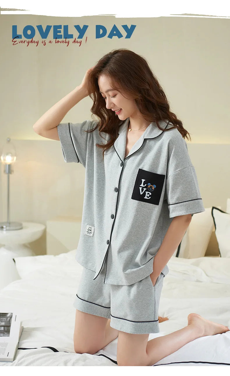 Dropshipping Female Pijamas Cartoon Summer Short Women Pajamas Sleeve Shorts Nightwear Sweet Sleepwear Pyjamas Woman Home Suit