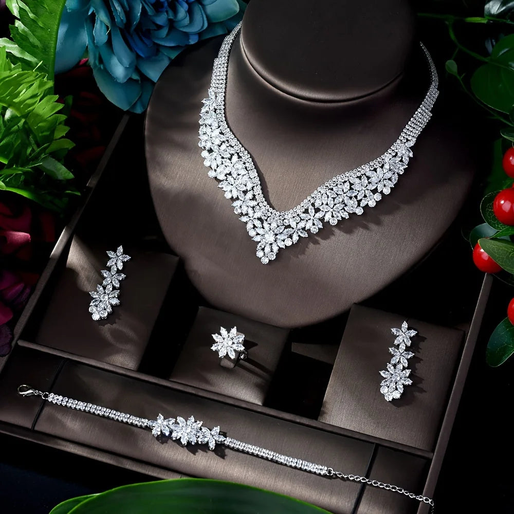 Classic Water Drop Cubic Zirconia Dubia Women Bridal Jewelry Sets 4PCS Necklace Earring Set Bijoux Femme Ensemble S-342