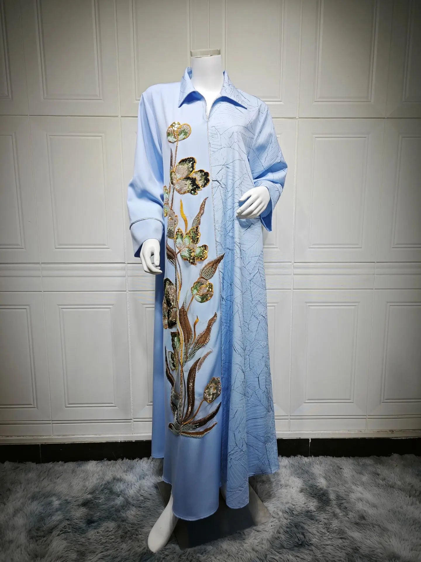 Eid Abaya Party Dress Women Lapel Shirt Dresses Sequins Embroidery Office Lady Muslim Jalabiya Ramadan Vestidos Largos Robe
