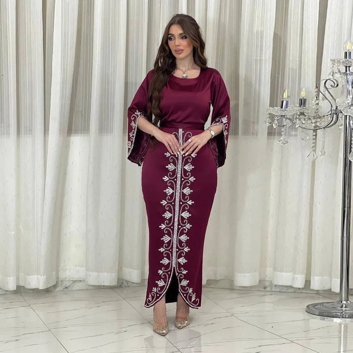 Elegant Satin Evening Gown Muslim Dress Women Abaya Long Sleeve Turkish Dresses Stylish Diamond Women Maxi Dress Dubai Kaftan