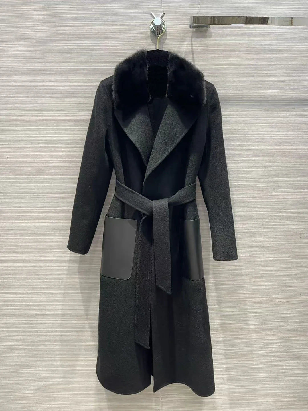 Women's Cashmere Coat Medium to Long Leather Spliced Woolen Coat Fur Collar Coat 2025 New High-Quality Fashionable Elegant
